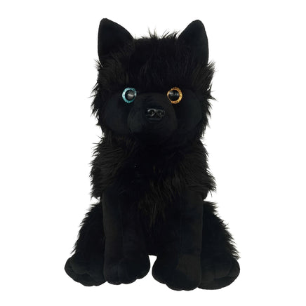 A black plush toy dog with large, round eyes and a fluffy, furry appearance.