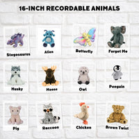 a collection of 16-inch recordable stuffed animals, including a Stegosaurus, Alien, Butterfly, Forget Me, Husky, Moose, Owl, Penguin, Pig, Raccoon, Chicken, and Brown Twist.
