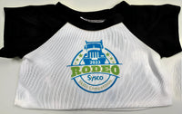 A white t-shirt with a black sleeve and a graphic design featuring a truck and the text "Rodeo Skills Competition" printed on it.