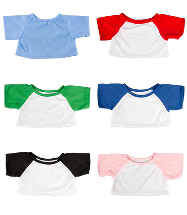 six different t-shirt designs, each with a unique color and pattern, arranged in a grid-like pattern.