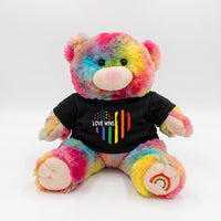 A colorful teddy bear wearing a black t-shirt with a rainbow flag design and the text "LOVE WINS" printed on it.