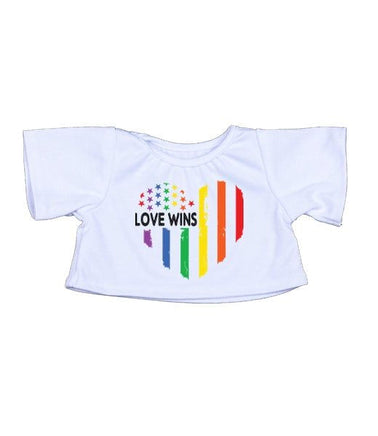 A white t-shirt with a graphic design featuring a heart shape with rainbow stripes and the text "LOVE WINS" printed on it.