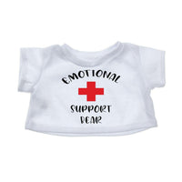 A white t-shirt with the text "Emotional Support Bear" printed on it, along with a red cross symbol.
