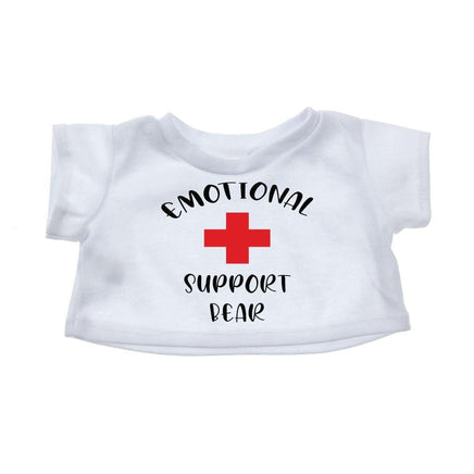 A white t-shirt with the text "Emotional Support Bear" printed on it, along with a red cross symbol.