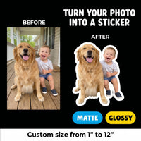 The image is a collage of two photos featuring a young child and a golden retriever dog. The child is sitting on the dog's lap, and the dog is sitting on the child's lap. The collage includes text that provides instructions on how to turn a photo into a sticker, with options for customizing the size from 1" to 12" and the words "MATTE" and "GLOSSY".