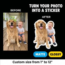 The image is a collage of two photos featuring a young child and a golden retriever dog. The child is sitting on the dog's lap, and the dog is sitting on the child's lap. The collage includes text that provides instructions on how to turn a photo into a sticker, with options for customizing the size from 1" to 12" and the words "MATTE" and "GLOSSY".