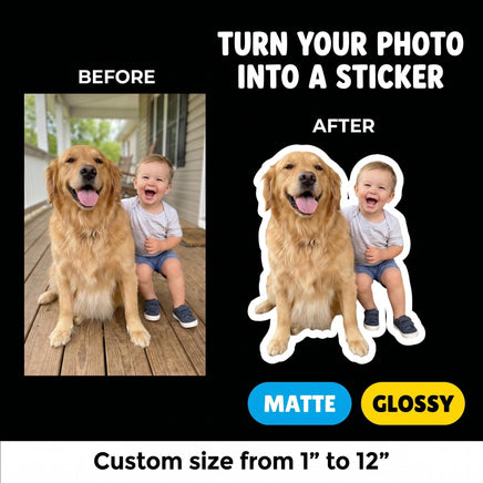 The image is a collage of two photos featuring a young child and a golden retriever dog. The child is sitting on the dog's lap, and the dog is sitting on the child's lap. The collage includes text that provides instructions on how to turn a photo into a sticker, with options for customizing the size from 1" to 12" and the words "MATTE" and "GLOSSY".