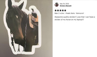 A sticker of a horse on a laptop, with a rating and comment from a user named Brittany Maxwell.