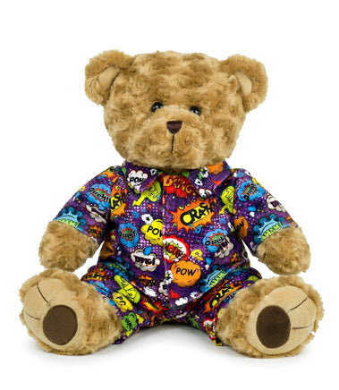A brown teddy bear wearing a colorful, patterned outfit with various pop art-style designs.