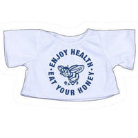 A white t-shirt with a blue circular design featuring a bee and the text "Enjoy Health Eat Your Honey" printed on it.