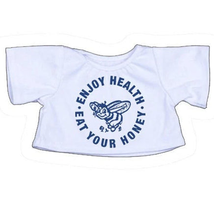 A white t-shirt with a blue circular design featuring a bee and the text "Enjoy Health Eat Your Honey" printed on it.