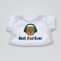 A white t-shirt with a cartoon bear wearing headphones and the text "Best Dad Ever" printed on it.