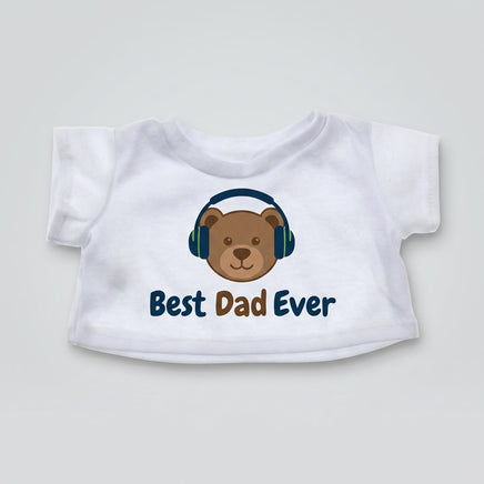 A white t-shirt with a cartoon bear wearing headphones and the text "Best Dad Ever" printed on it.