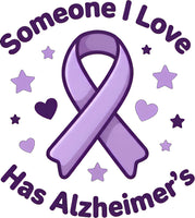 a purple ribbon with the text "Someone I Love Has Alzheimer's" written around it.