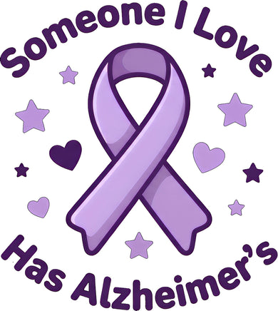 a purple ribbon with the text "Someone I Love Has Alzheimer's" written around it.