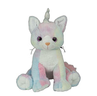 A plush toy cat with a unicorn horn sits on a white background.