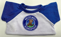 A blue and white t-shirt with a circular logo that says "Bells Mill Elementary".