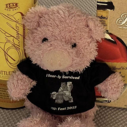 A pink teddy bear wearing a black t-shirt with text and an image, standing next to a bottle of whiskey and a box of beer.