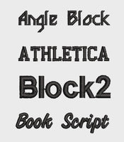 four different black embroidered text designs, including "Angle Block", "Athletica Block2", "Book Script", and "Book Script".