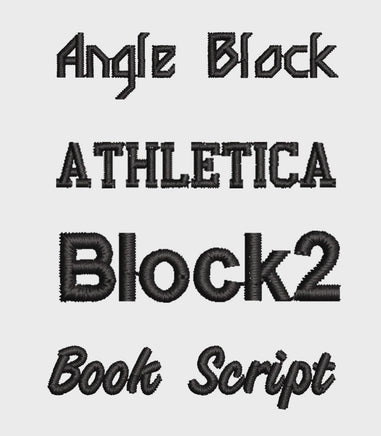 four different black embroidered text designs, including "Angle Block", "Athletica Block2", "Book Script", and "Book Script".