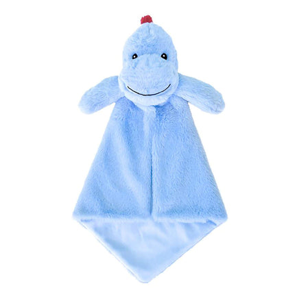 A plush toy of a blue dinosaur with a red tuft on its head, sitting on a white background.
