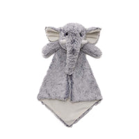 A gray plush elephant toy is shown against a white background.