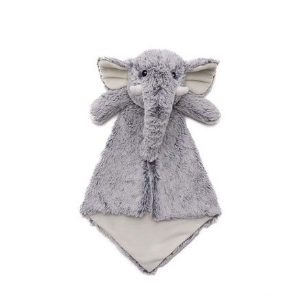 A gray plush elephant toy is shown against a white background.