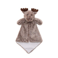 A plush toy of a moose with antlers, featuring a brown color and a fluffy texture.