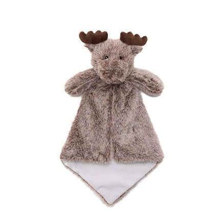 A plush toy of a moose with antlers, featuring a brown color and a fluffy texture.