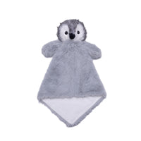 A plush penguin toy with a gray and white color scheme and a black nose.