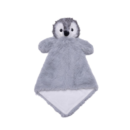 A plush penguin toy with a gray and white color scheme and a black nose.