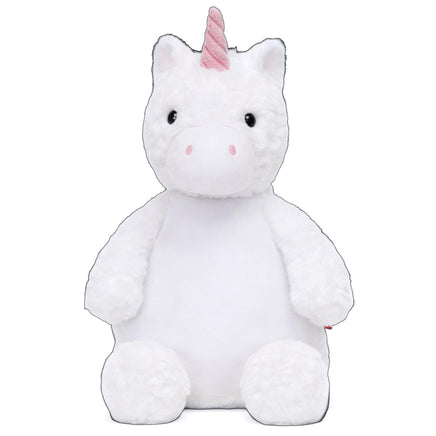 A white plush unicorn toy with a pink horn and tail.