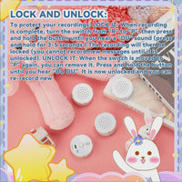 a pink background with a cartoon rabbit and various objects, including a pink stuffed animal, a white button, and a white speaker. There is also a text overlay providing instructions on how to lock and unlock a recording device.
