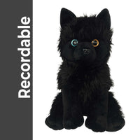 A black plush toy dog with large, expressive eyes and a fluffy, furry appearance.