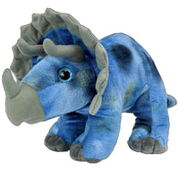 A blue plush toy of a triceratops, with its distinctive horns and blue eye, is shown in the image.