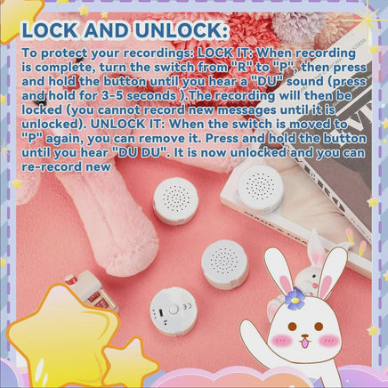a pink background with a cartoon rabbit and various objects, including a pink stuffed animal, a white button, and a white speaker. There is also a text overlay providing instructions on how to lock and unlock a recording device.
