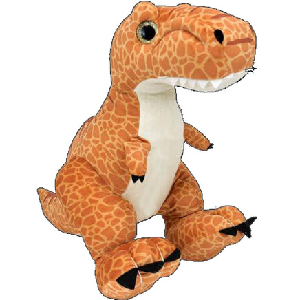 A stuffed toy dinosaur with a spotted pattern, resembling a T-Rex or similar prehistoric creature.