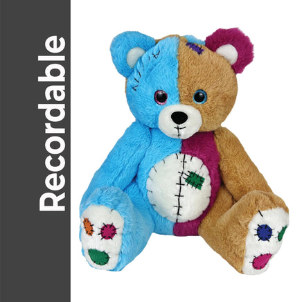 A colorful teddy bear with a blue and brown body, white paws, and various patches and decorations on its fur.