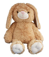 A brown stuffed bunny toy with white paws and ears.