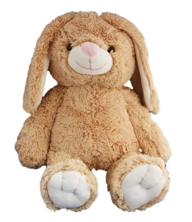 A brown stuffed bunny toy with white paws and ears.