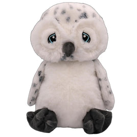A plush toy of a white owl with blue eyes and black beak.