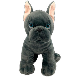 A plush toy of a black dog with large blue eyes and pink ears.