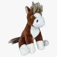 A brown and white stuffed horse toy with a blonde mane and tail.