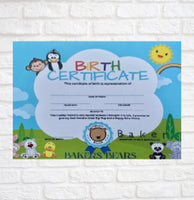The image is a colorful and playful birthday certificate featuring cartoon animals such as a penguin, monkey, and bear, along with a rainbow and clouds. The certificate is intended to represent a special day for someone, likely a child.