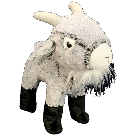 A plush toy of a goat with a white face, black legs, and a black and white striped beard.