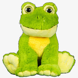 A green plush frog toy with yellow accents, sitting on its hind legs and smiling.