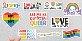 a collection of stickers with various LGBTQ+ pride-related messages and symbols, including love, peace, and pride.