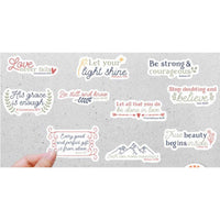 a collection of inspirational and uplifting quotes and sayings, including Bible verse references, that are displayed on stickers or labels.
