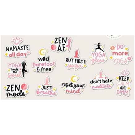a collection of stickers with various yoga-related phrases and illustrations.