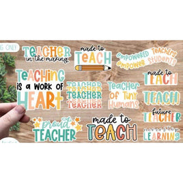 a collage of colorful stickers with various phrases related to teaching, such as "Teacher in the making", "Teaching is a work of heart", "Teacher of tiny humans", "Teacher of tinny humans", "Teacher future", and "Teacher learning".